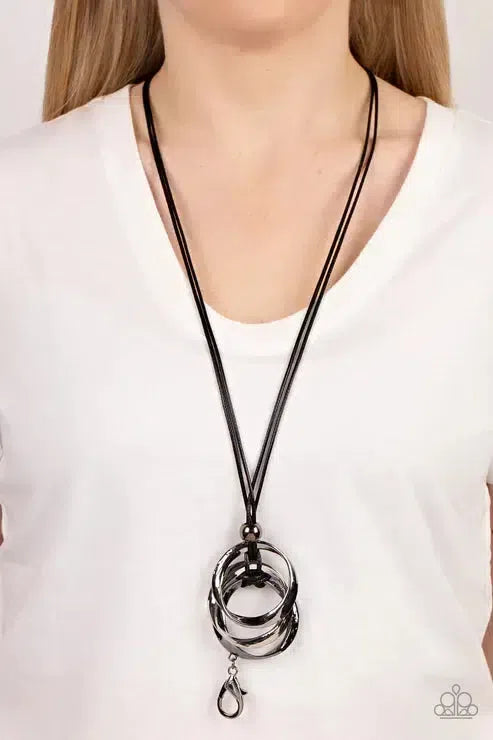 Harmonious Hardware Black Lanyard Necklace - Paparazzi Accessories-on model - CarasShop.com - Paparazzi Jewelry by Cara Jewels