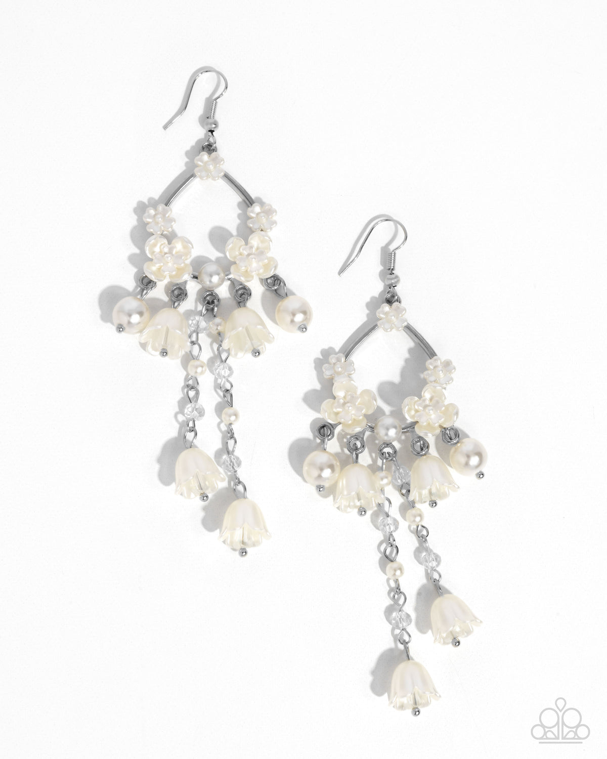 Harmonious Heir White Pearl & Flower Earrings - Paparazzi Accessories- lightbox - CarasShop.com - Paparazzi Jewelry by Cara Jewels