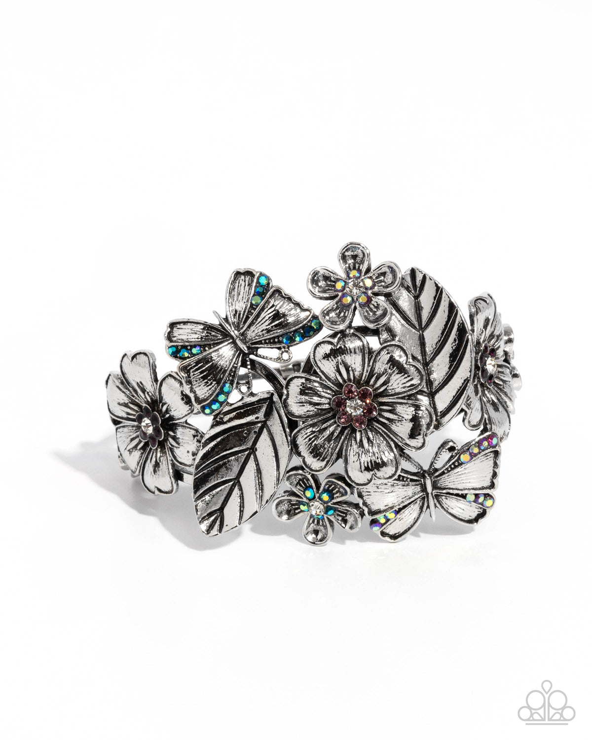 Harmonious Heiress Purple & Silver Butterfly Floral Cuff Bracelet - Paparazzi Accessories- lightbox - CarasShop.com - Paparazzi Jewelry by Cara Jewels