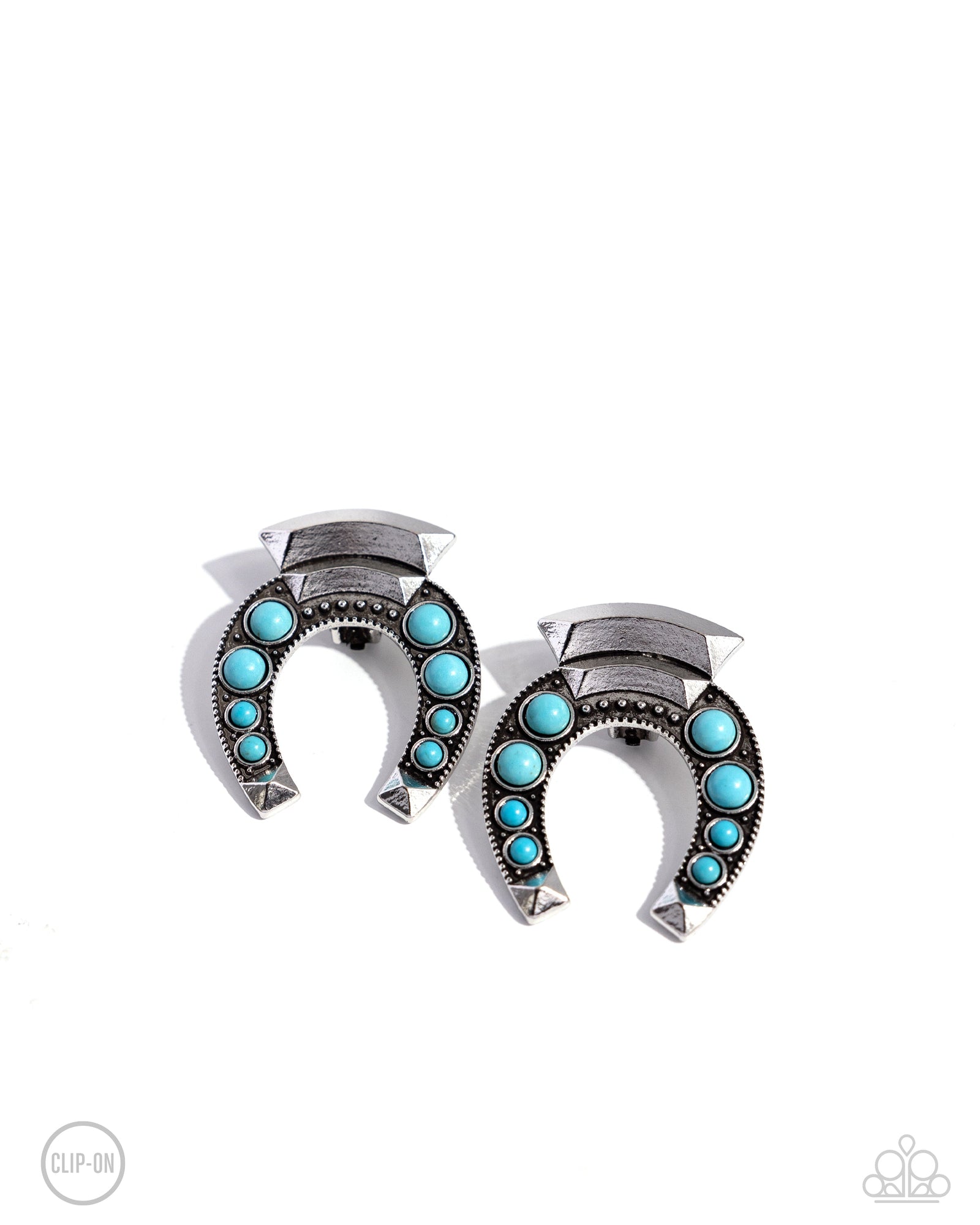Harmonious Horseshoe Turquoise Blue Stone Clip-On Earrings - Paparazzi Accessories- lightbox - CarasShop.com - Paparazzi Jewelry by Cara Jewels