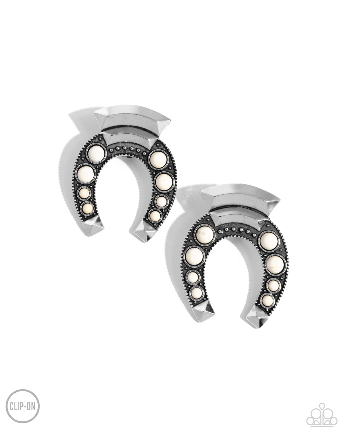 Harmonious Horseshoe White Clip-on Earrings - Paparazzi Accessories- lightbox - CarasShop.com - Paparazzi Jewelry by Cara Jewels