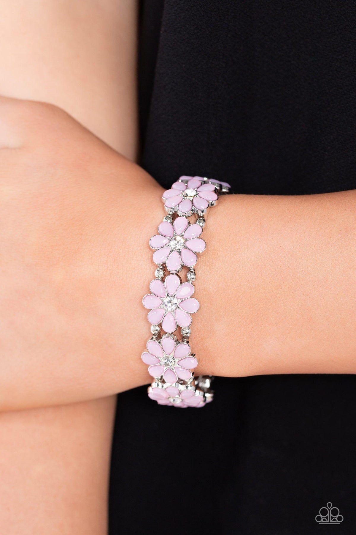 Hawaiian Holiday Pink Flower Bracelet - Paparazzi Accessories- on model - CarasShop.com - Paparazzi Jewelry by Cara Jewels