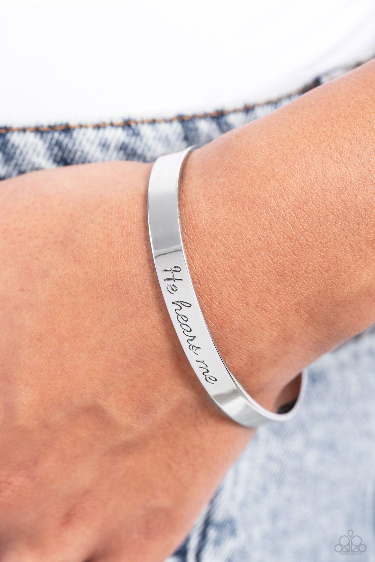 He Hears Silver Inspirational Cuff Bracelet - Paparazzi Accessories- on model - CarasShop.com - Paparazzi Jewelry by Cara Jewels