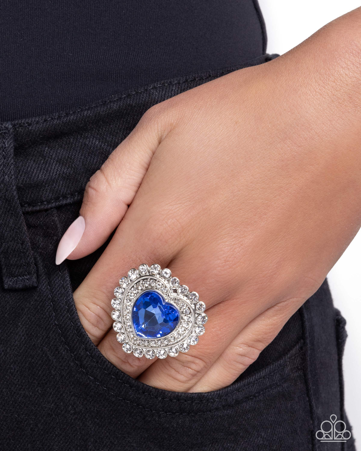 Head Over HEART Blue Rhinestone Ring - Paparazzi Accessories-on model - CarasShop.com - Paparazzi Jewelry by Cara Jewels