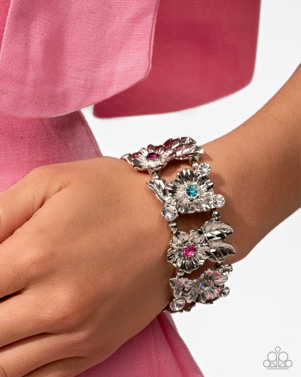 Head-Turning Harmony Multi Rhinestone Floral Bracelet - Paparazzi Accessories-on model - CarasShop.com - Paparazzi Jewelry by Cara Jewels