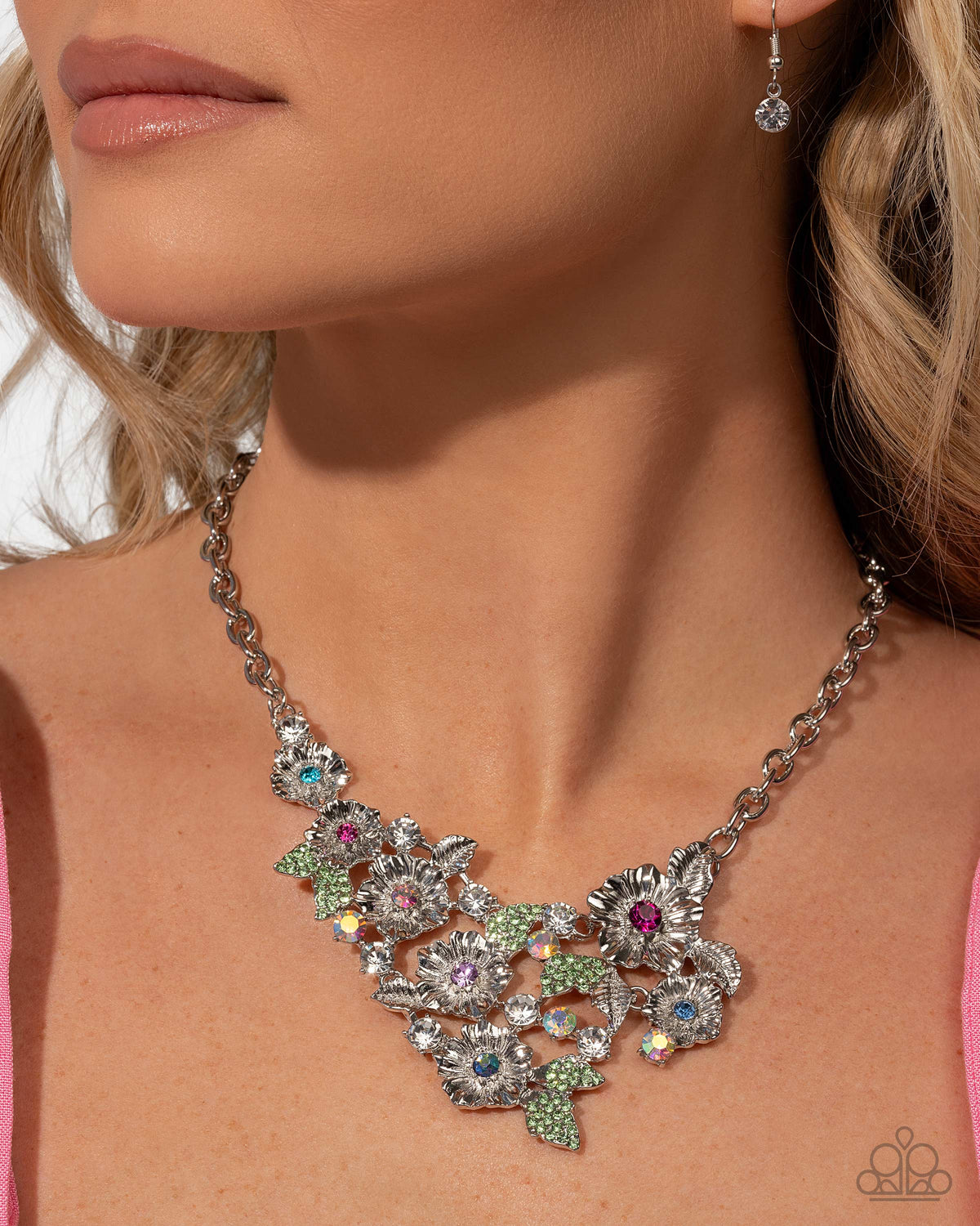 Head-Turning Haute Multi Rhinestone Floral Necklace - Paparazzi Accessories-on model - CarasShop.com - Paparazzi Jewelry by Cara Jewels