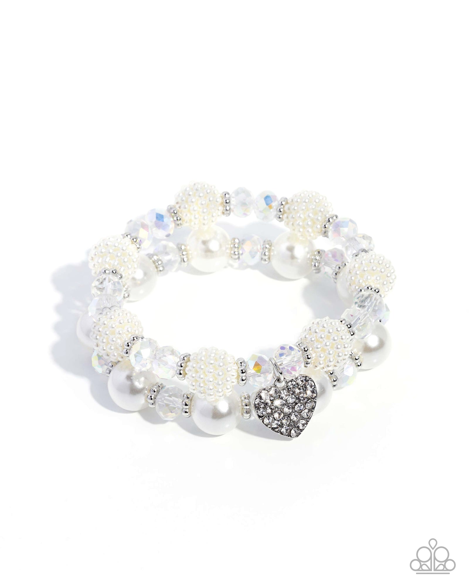 Heart Hustle White Bead & Rhinestone Heart Bracelet - Paparazzi Accessories- lightbox - CarasShop.com - Paparazzi Jewelry by Cara Jewels