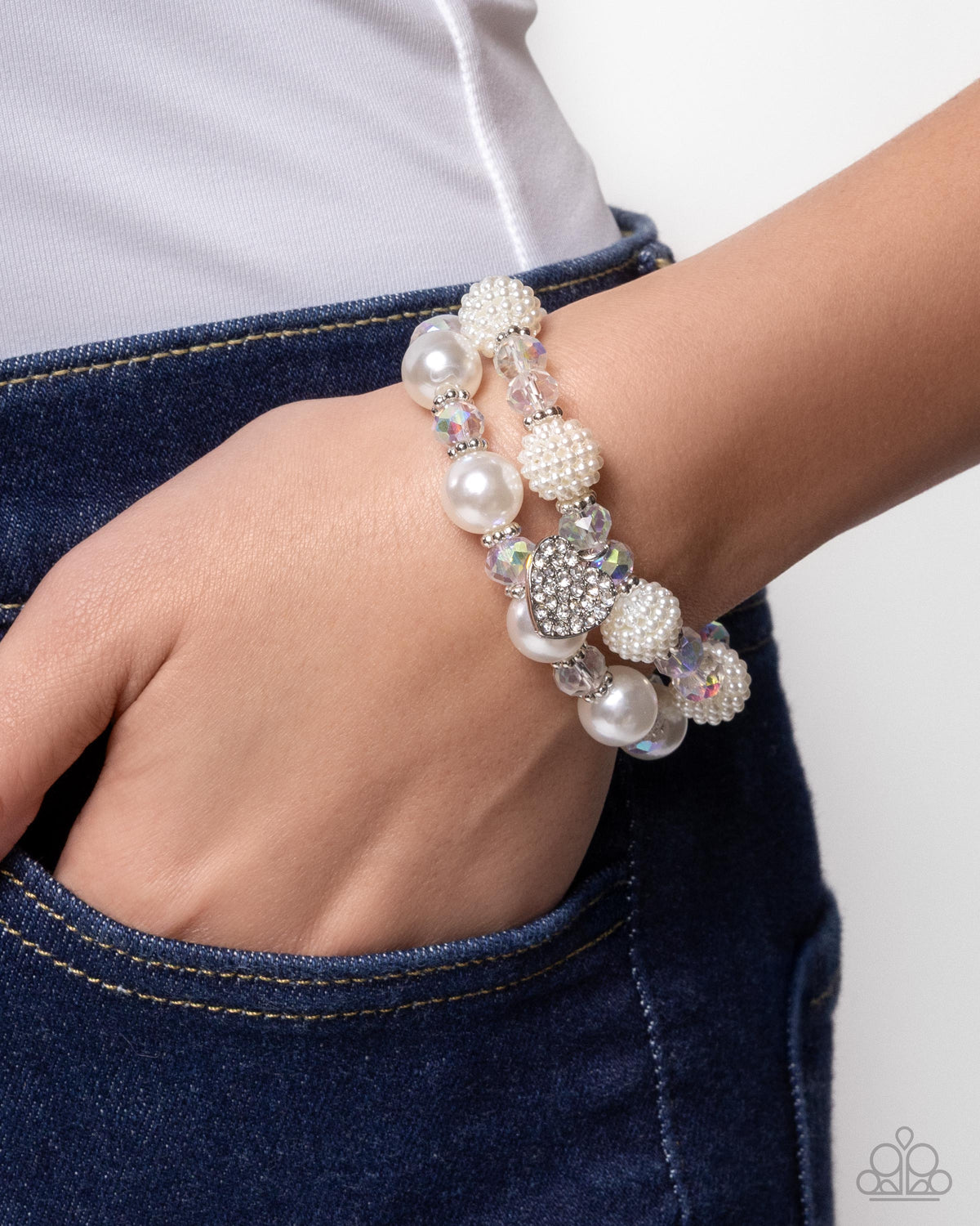 Heart Hustle White Bead & Rhinestone Heart Bracelet - Paparazzi Accessories-on model - CarasShop.com - Paparazzi Jewelry by Cara Jewels