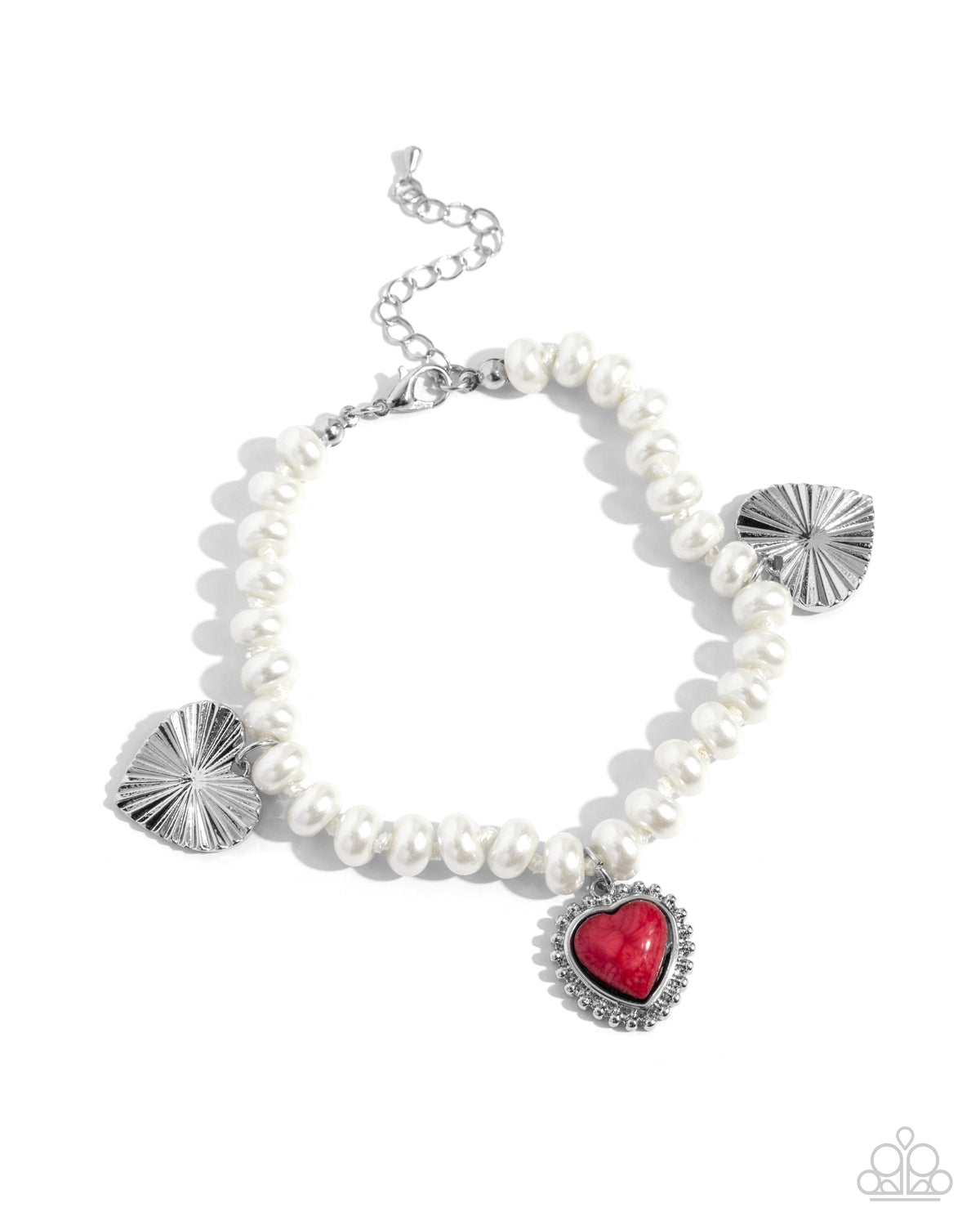 Heart-struck Haven Red Stone Heart & White Pearl Bracelet - Paparazzi Accessories- lightbox - CarasShop.com - Paparazzi Jewelry by Cara Jewels