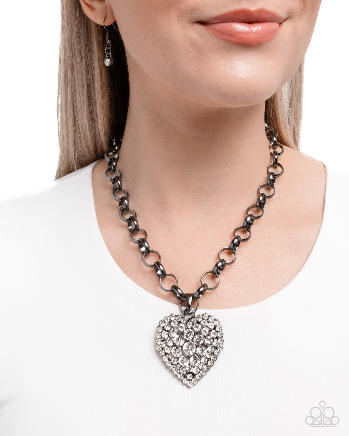 Heartfelt Havana Gunmetal Black & White Rhinestone Heart Necklace - Paparazzi Accessories-on model - CarasShop.com - Paparazzi Jewelry by Cara Jewels