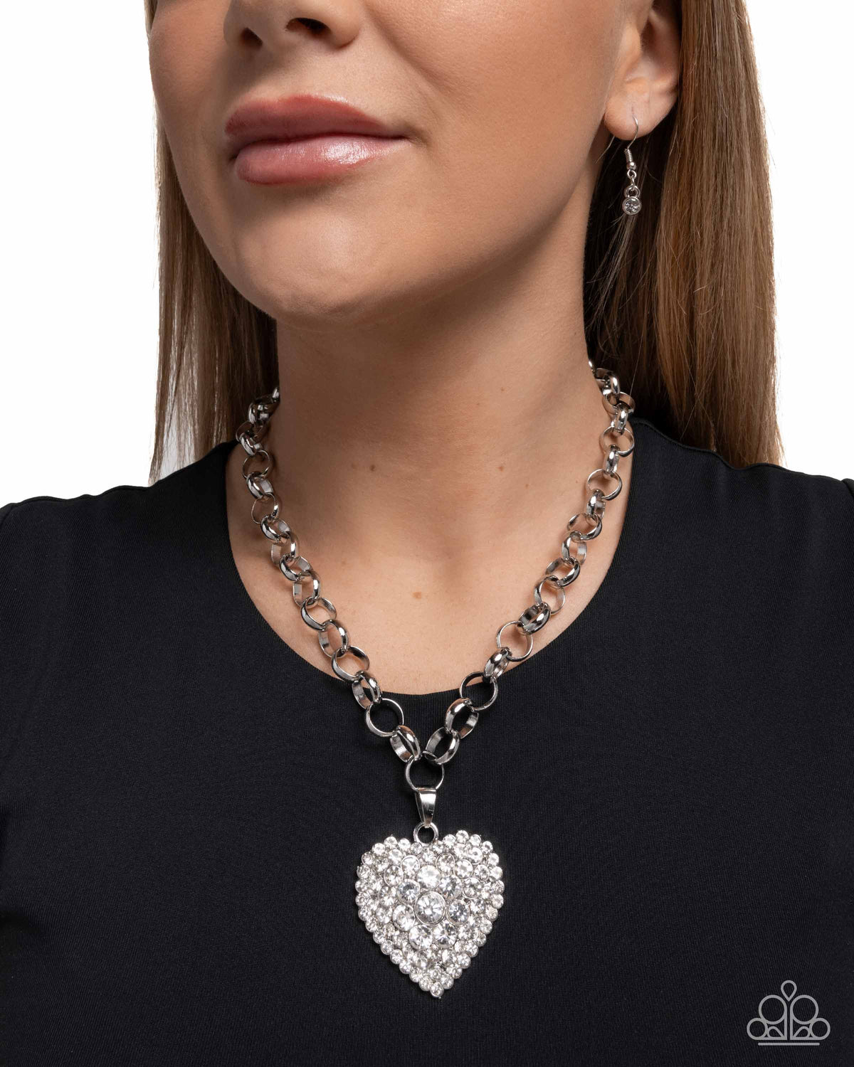Heartfelt Havana White Rhinestone Heart Necklace - Paparazzi Accessories-on model - CarasShop.com - Paparazzi Jewelry by Cara Jewels