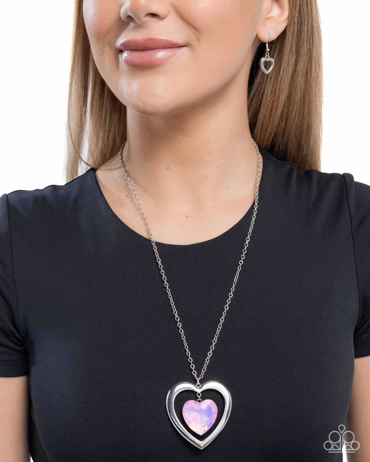 Heartfelt Hemisphere Pink Gem Heart Necklace - Paparazzi Accessories- on model - CarasShop.com - Paparazzi Jewelry by Cara Jewels