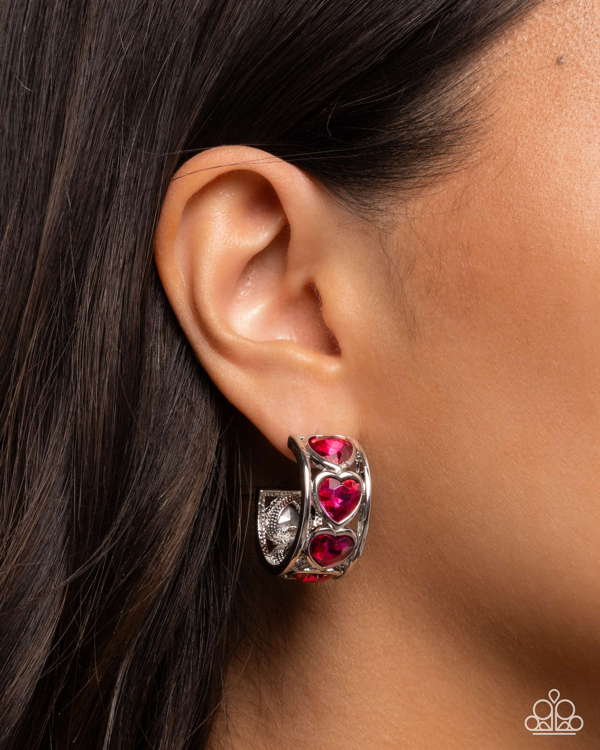 Heartfelt Homage Pink Gem Hoop Earrings-on model - CarasShop.com - Paparazzi Jewelry by Cara Jewels