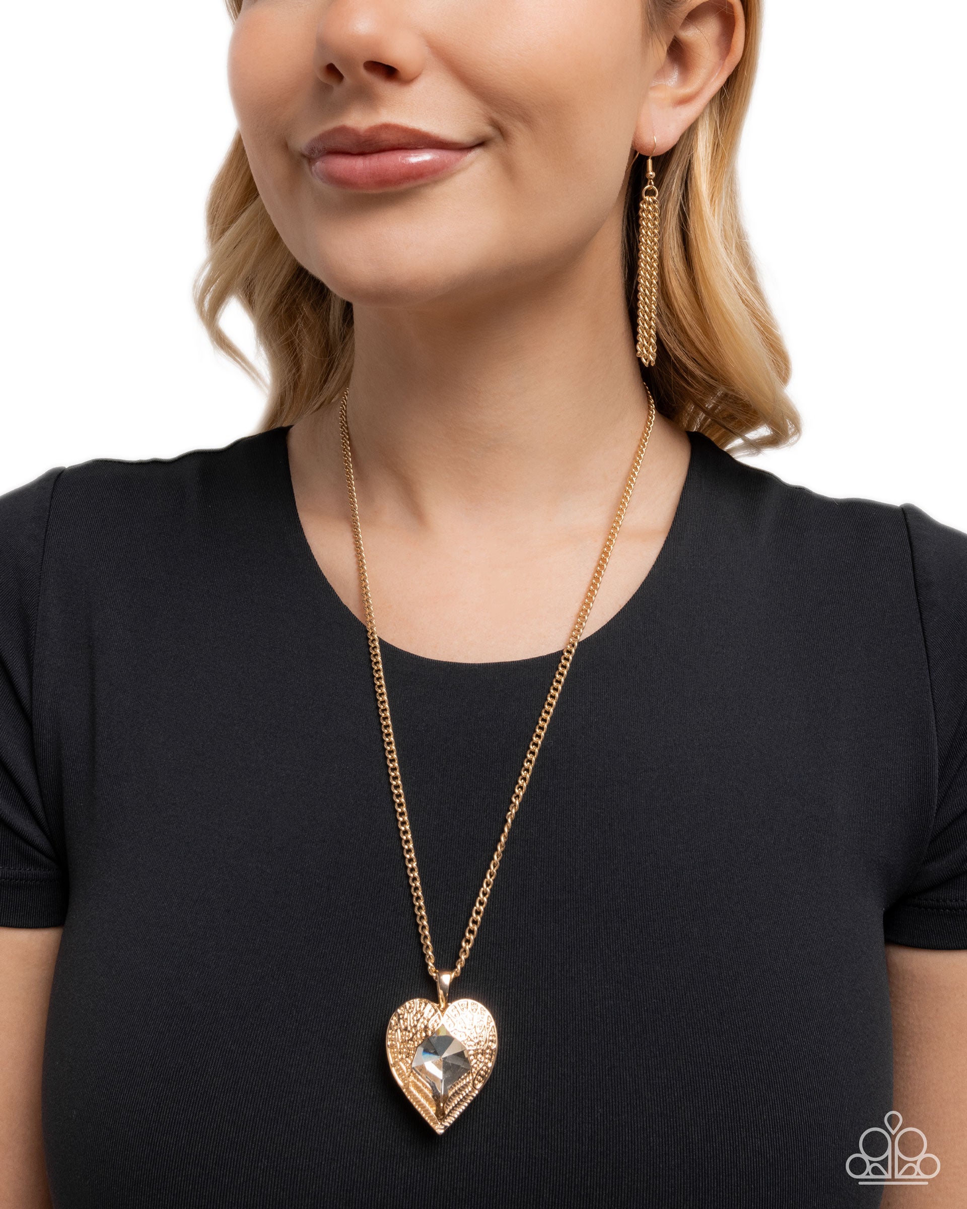 Heartfelt Honor Gold & White Gem Angel Wing Heart Necklace - Paparazzi Accessories- lightbox - CarasShop.com - Paparazzi Jewelry by Cara Jewels