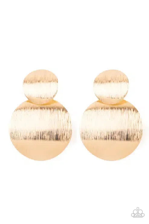 Here Today, GONG Tomorrow Gold Earrings - Paparazzi Accessories- lightbox - CarasShop.com - Paparazzi Jewelry by Cara Jewels