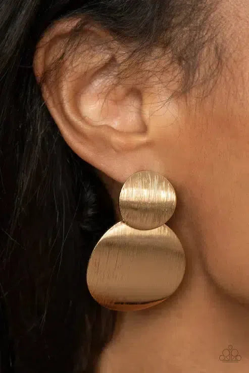 Here Today, GONG Tomorrow Gold Earrings - Paparazzi Accessories-on model - CarasShop.com - Paparazzi Jewelry by Cara Jewels