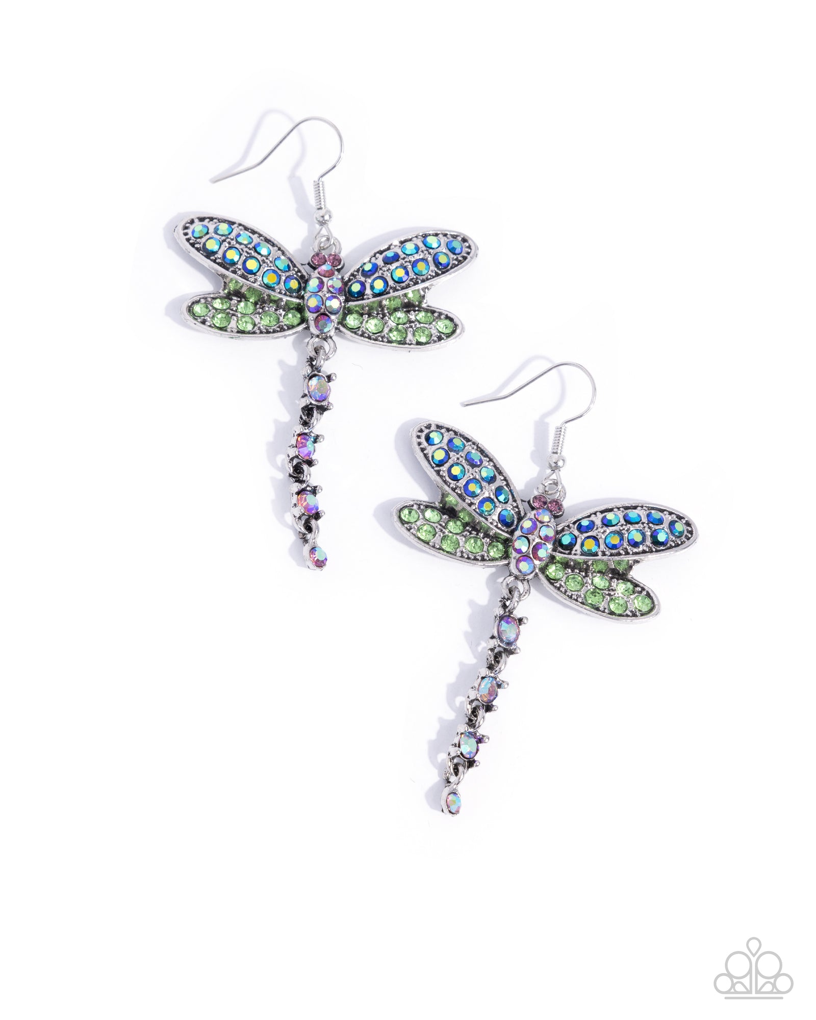 Hey, I Heard You Were A Wild One Green & Blue Iridescent Rhinestone Dragonfly Earrings - Paparazzi Accessories- lightbox - CarasShop.com - Paparazzi Jewelry by Cara Jewels