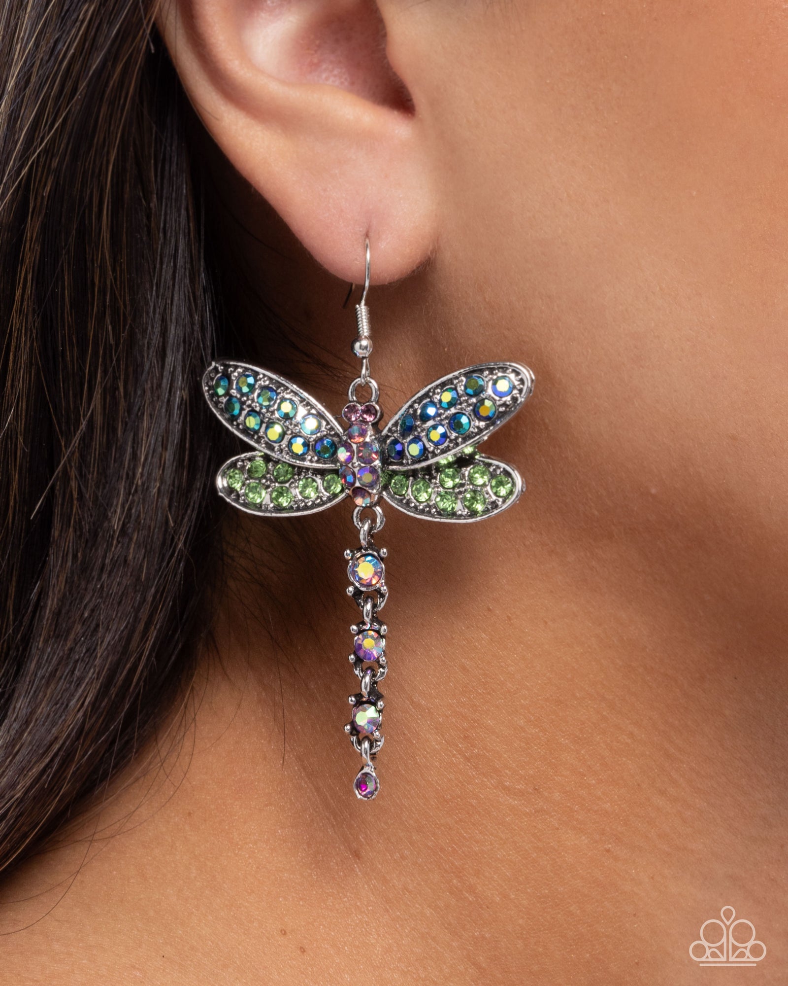Hey, I Heard You Were A Wild One Green & Blue Iridescent Rhinestone Dragonfly Earrings - Paparazzi Accessories- lightbox - CarasShop.com - Paparazzi Jewelry by Cara Jewels
