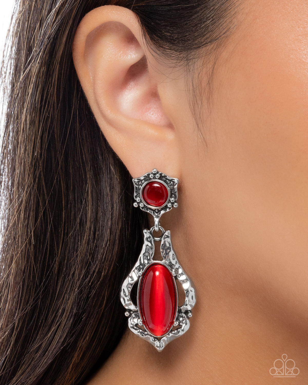 High-End Reservation Red Cat's Eye Earrings - Paparazzi Accessories- on model - CarasShop.com - Paparazzi Jewelry by Cara Jewels