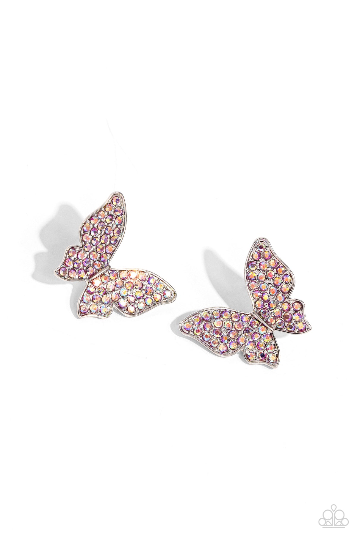 High Life Pink Iridescent Rhinestone Butterfly Earrings - Paparazzi Accessories- lightbox - CarasShop.com - Paparazzi Jewelry by Cara Jewels