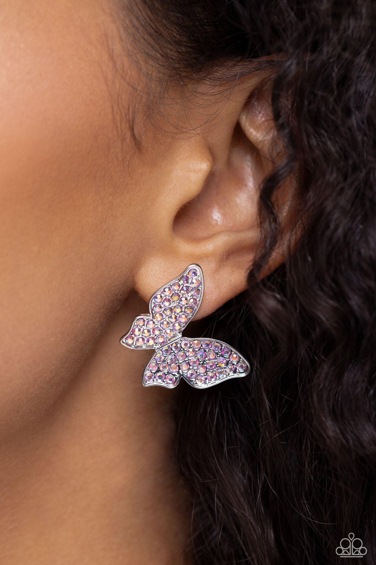 High Life Pink Iridescent Rhinestone Butterfly Earrings - Paparazzi Accessories- on model - CarasShop.com - Paparazzi Jewelry by Cara Jewels
