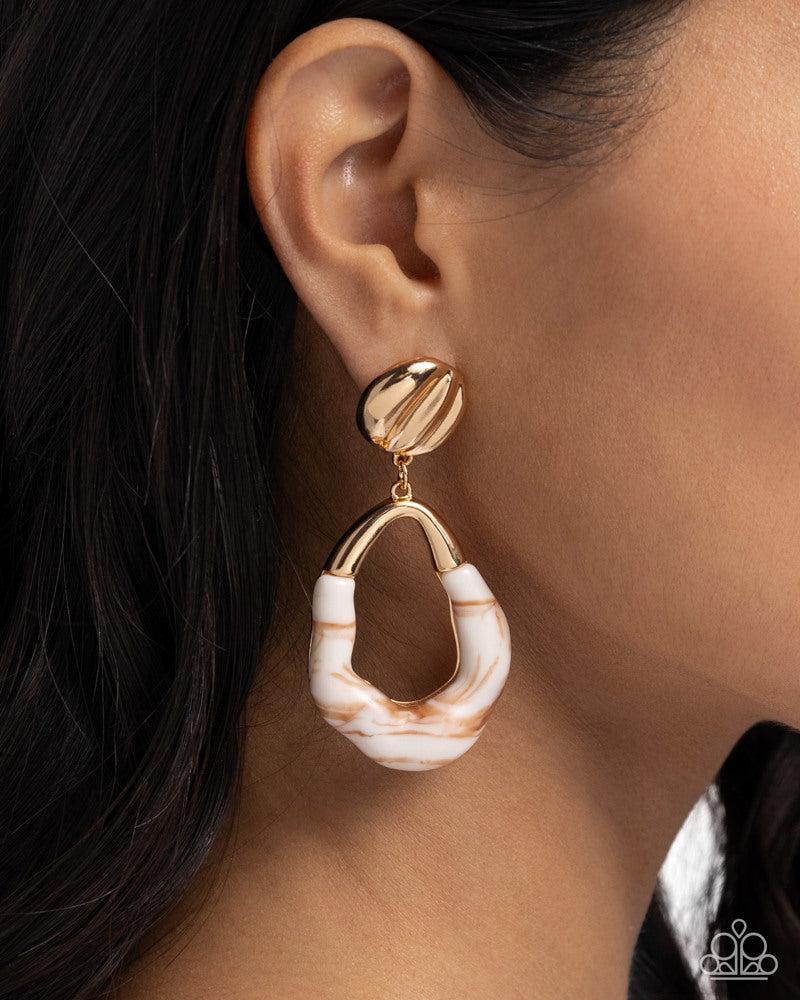 High Sheen Swirls Gold Post Earrings - Paparazzi Accessories- on model - CarasShop.com - Paparazzi Jewelry by Cara Jewels