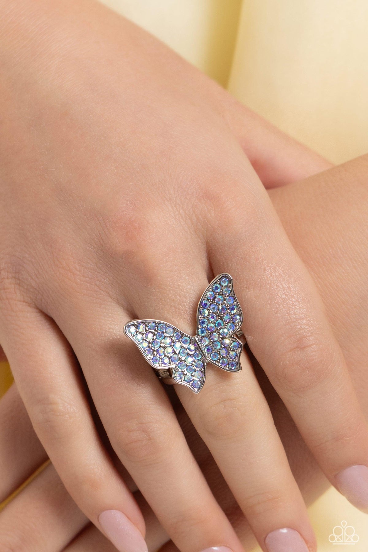 High Time Blue Rhinestone Butterfly Ring - Paparazzi Accessories- on model - CarasShop.com - Paparazzi Jewelry by Cara Jewels