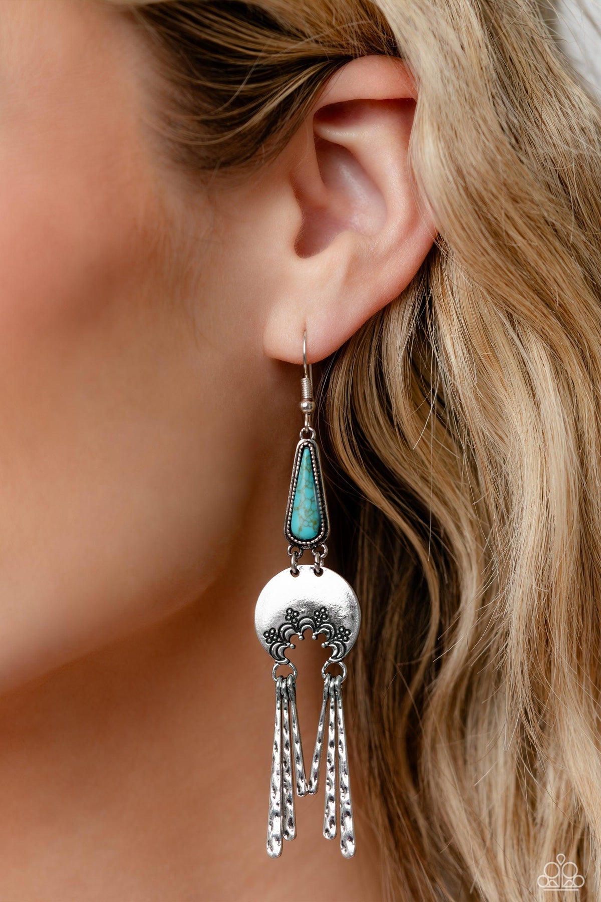 Highland Haute Turquoise Blue Stone Earrings - Paparazzi Accessories- on model - CarasShop.com - Paparazzi Jewelry by Cara Jewels