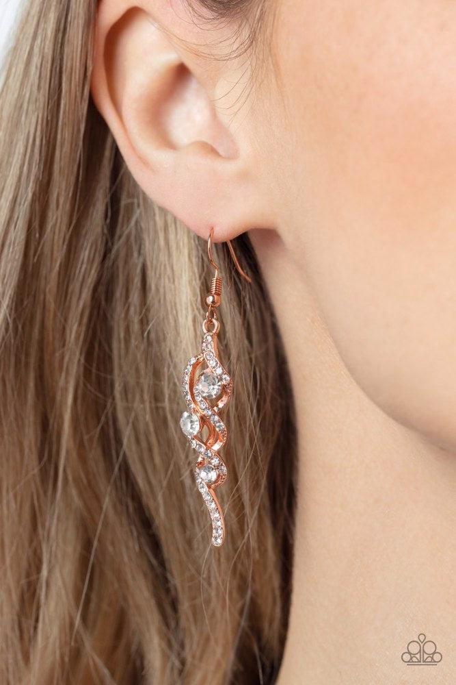Highly Flammable Copper Earrings - Paparazzi Accessories- on model - CarasShop.com - Paparazzi Jewelry by Cara Jewels