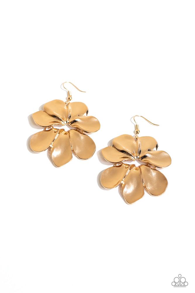 Hinging Hallmark Gold Earrings - Paparazzi Accessories- lightbox - CarasShop.com - Paparazzi Jewelry by Cara Jewels