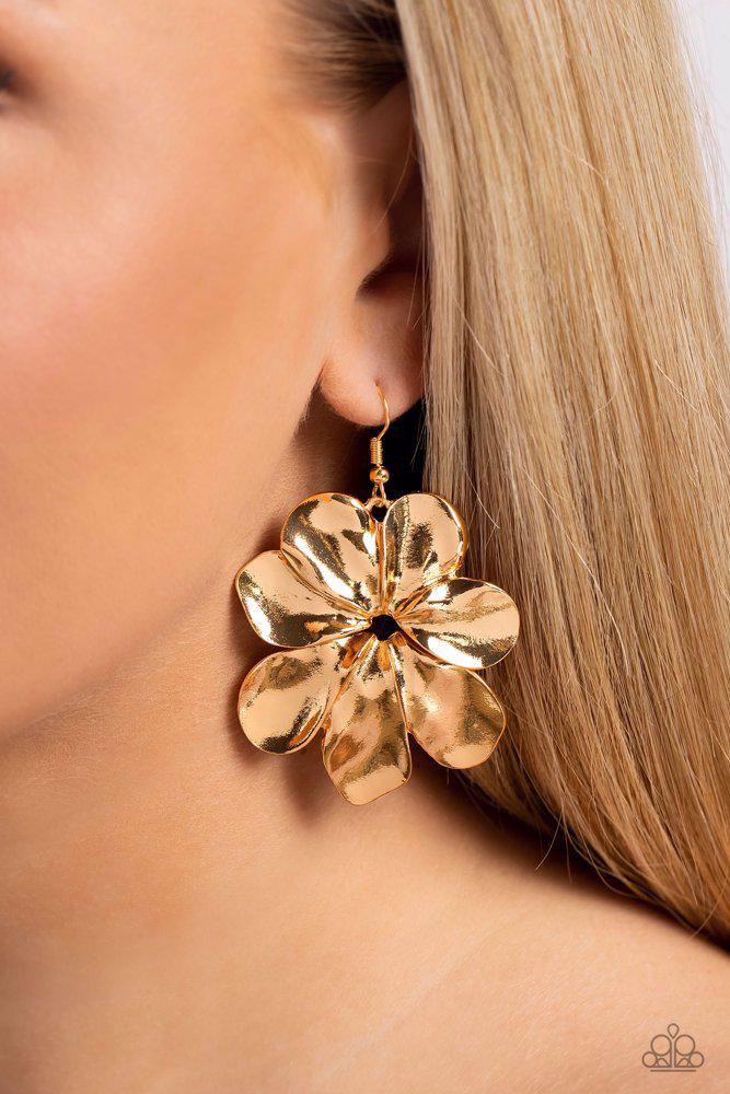 Hinging Hallmark Gold Earrings - Paparazzi Accessories- on model - CarasShop.com - Paparazzi Jewelry by Cara Jewels