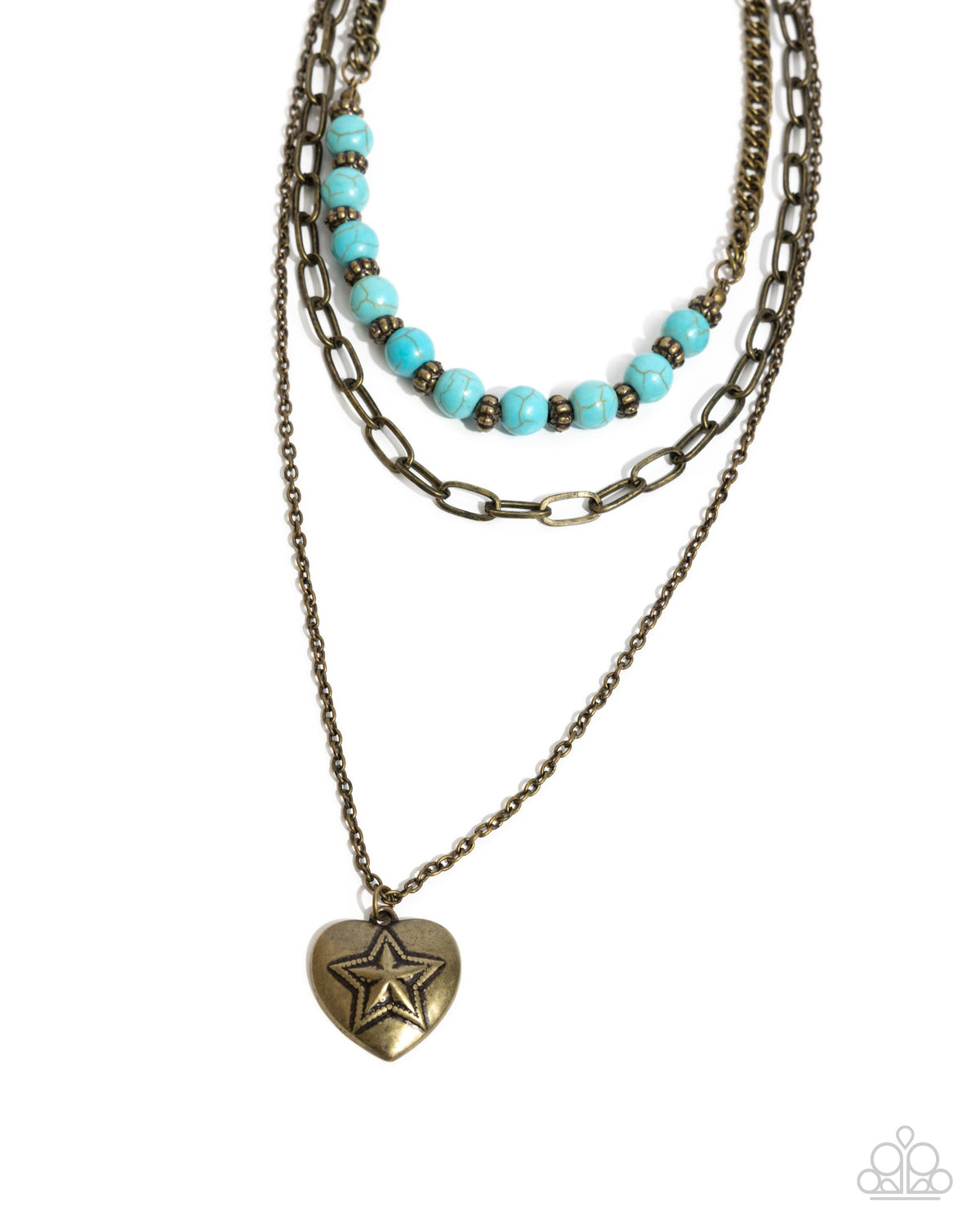 Home Stretch Brass & Turquoise Heart Necklace - Paparazzi Accessories- lightbox - CarasShop.com - Paparazzi Jewelry by Cara Jewels