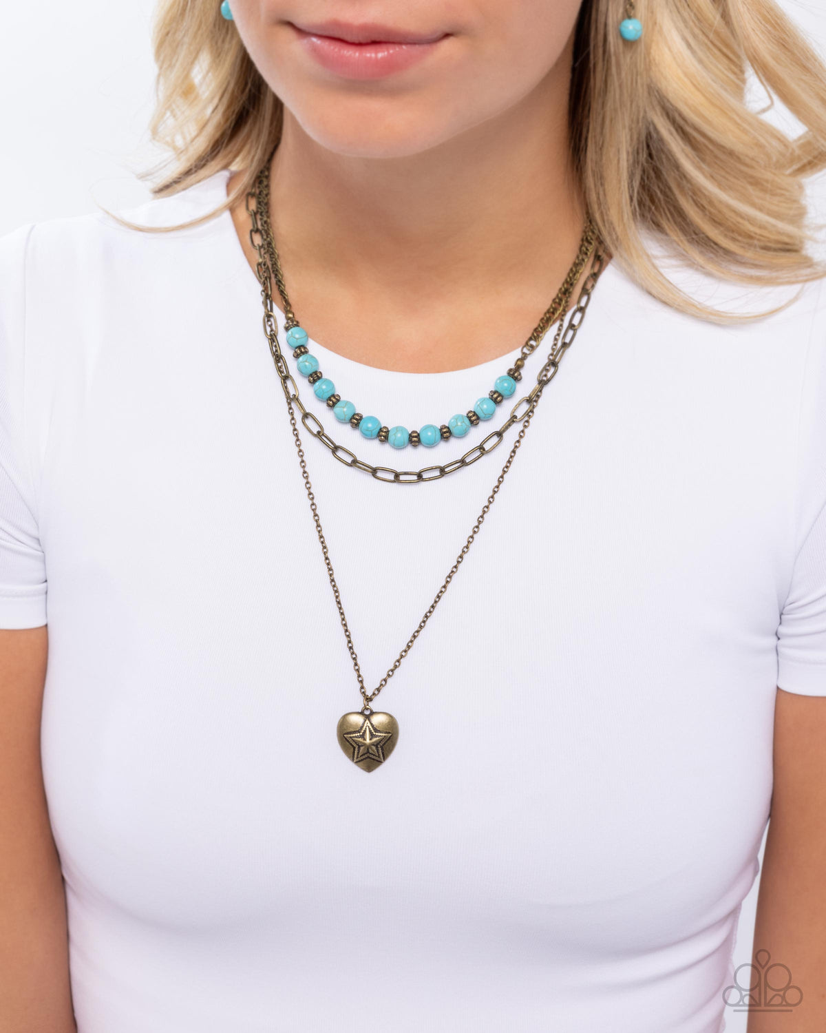 Home Stretch Brass & Turquoise Heart Necklace - Paparazzi Accessories- on model - CarasShop.com - Paparazzi Jewelry by Cara Jewels