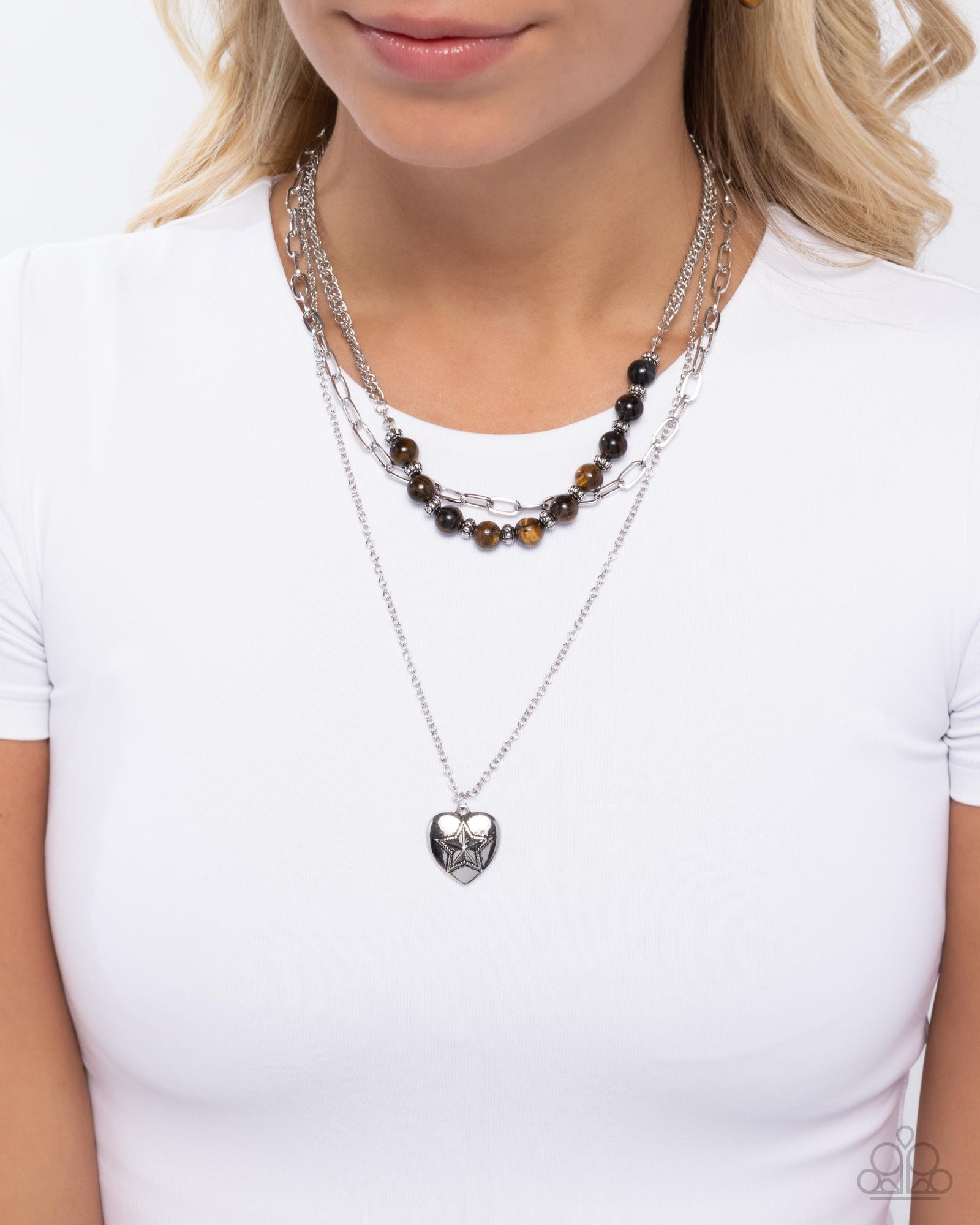 Home Stretch Brown Tiger's Eye Stone and Heart Necklace - Paparazzi Accessories- lightbox - CarasShop.com - Paparazzi Jewelry by Cara Jewels