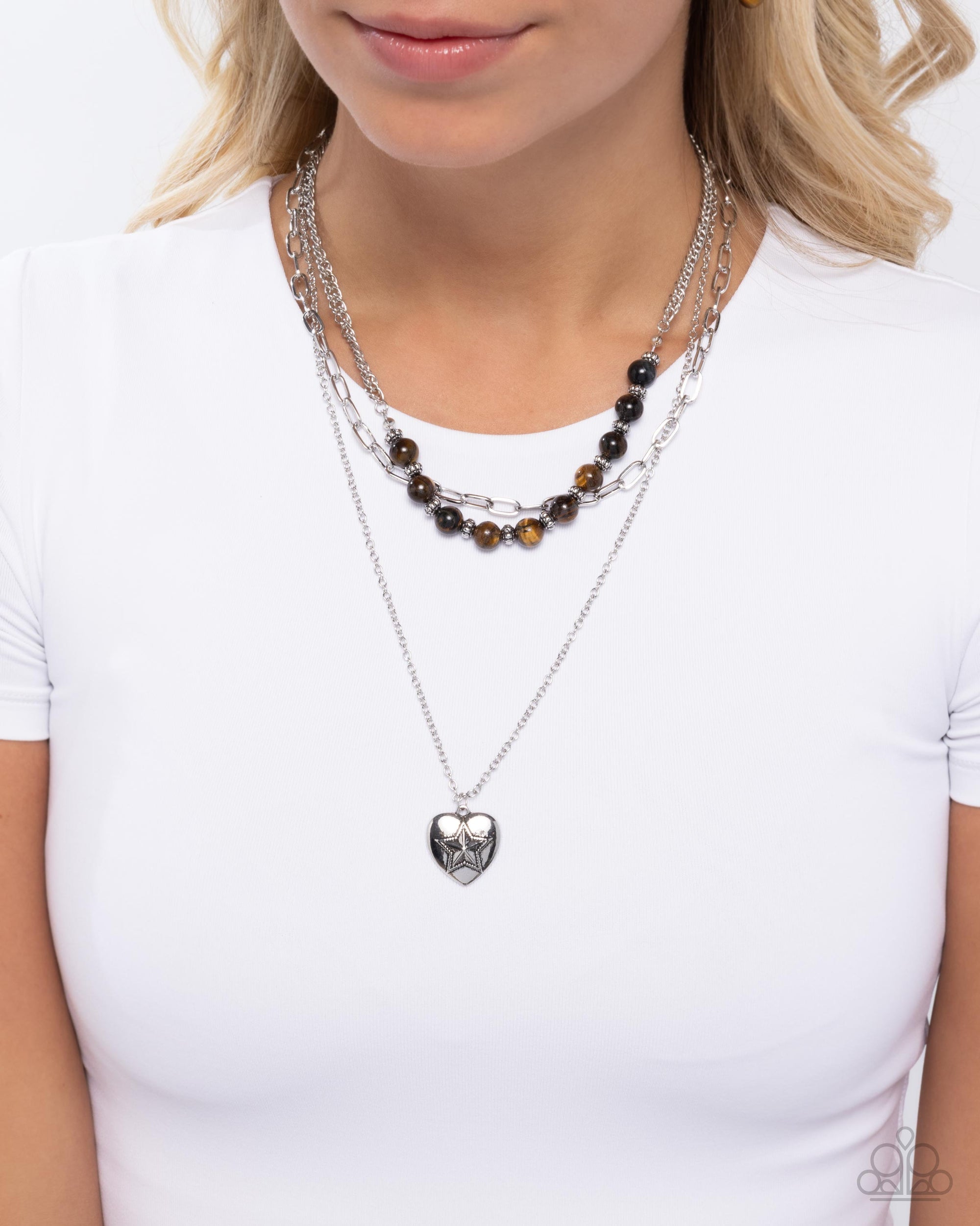 Home Stretch Brown Tiger's Eye Stone and Heart Necklace - Paparazzi Accessories- lightbox - CarasShop.com - Paparazzi Jewelry by Cara Jewels