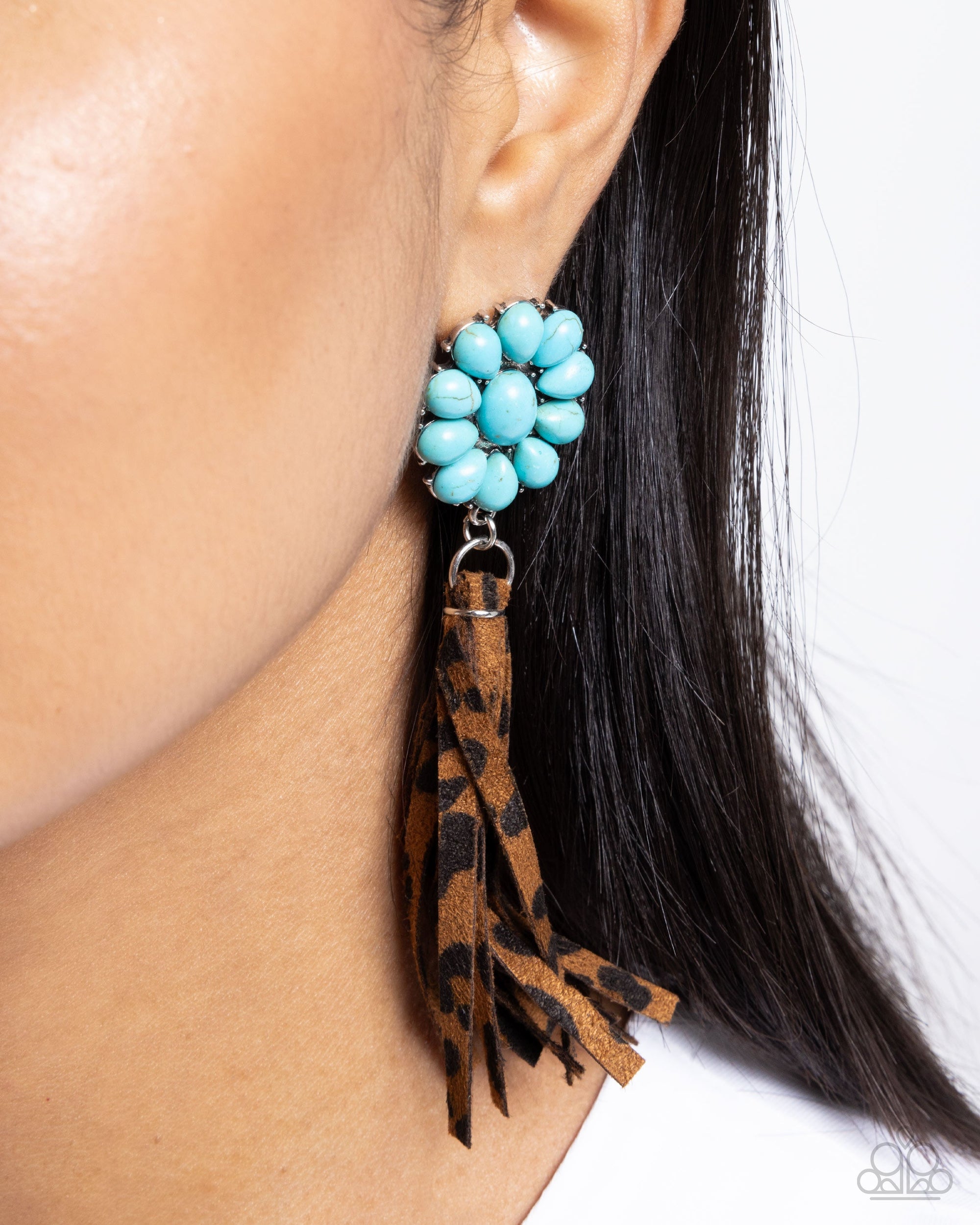 Hometown Hero Turquoise Blue Stone & Leopard Tassel Earrings - Paparazzi Accessories- lightbox - CarasShop.com - Paparazzi Jewelry by Cara Jewels