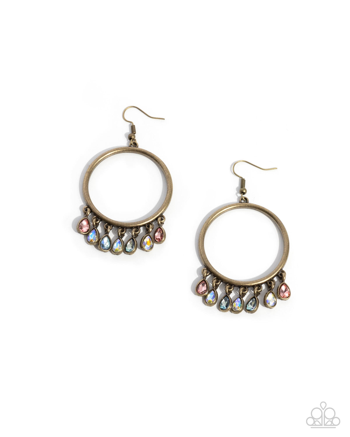 Hooped Hello Brass & Multi Rhinestone Earrings - Paparazzi Accessories- lightbox - CarasShop.com - Paparazzi Jewelry by Cara Jewels