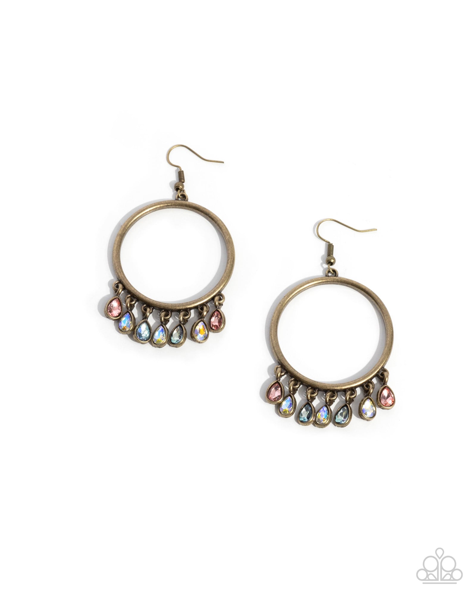 Hooped Hello Brass & Multi Rhinestone Earrings - Paparazzi Accessories- lightbox - CarasShop.com - Paparazzi Jewelry by Cara Jewels