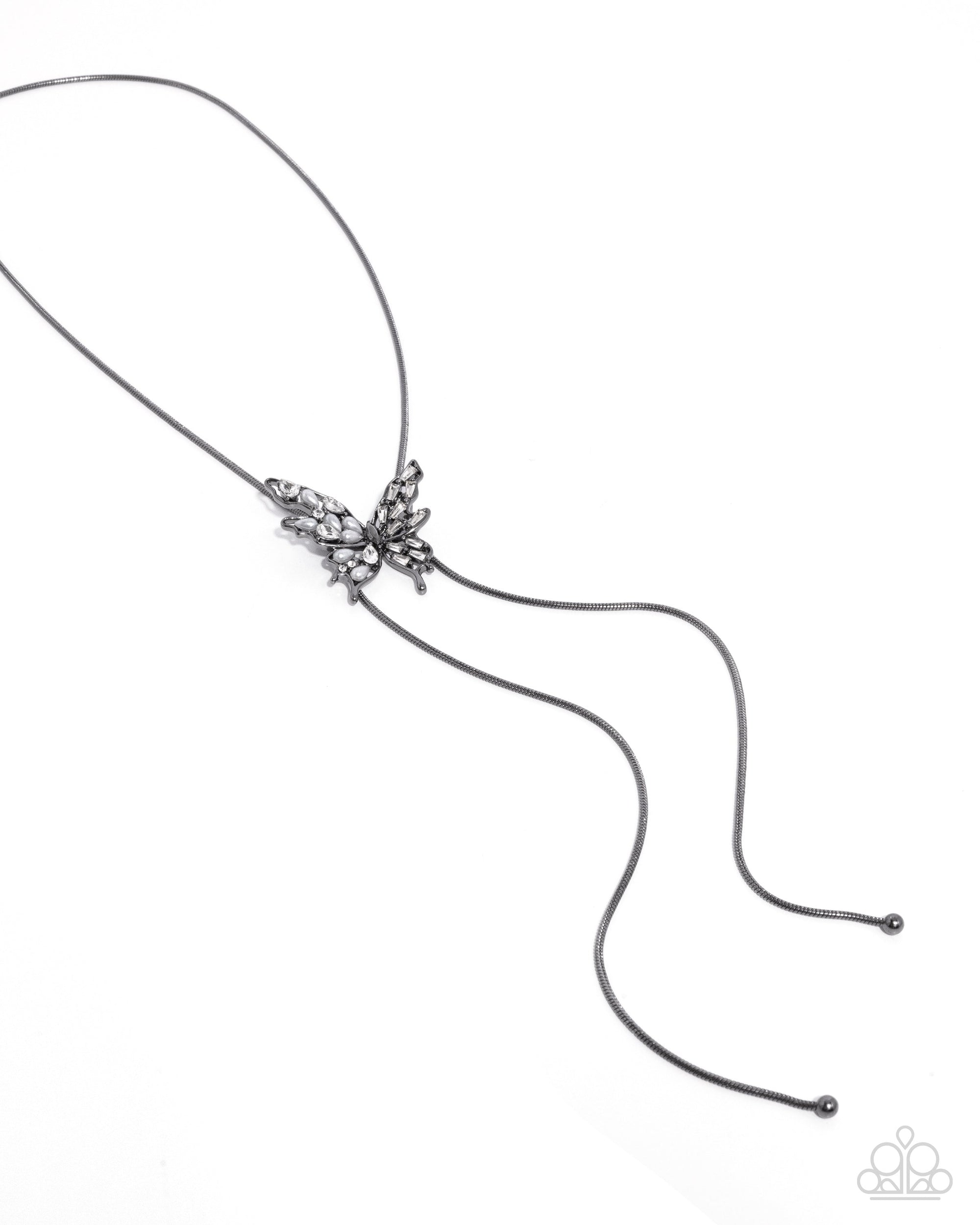 Hopeful Hierarchy - Aerial Allure Gunmetal Black & White Pearl & Rhinestone Butterfly Set - Paparazzi Accessories- set on model - CarasShop.com - Paparazzi Jewelry by Cara Jewels