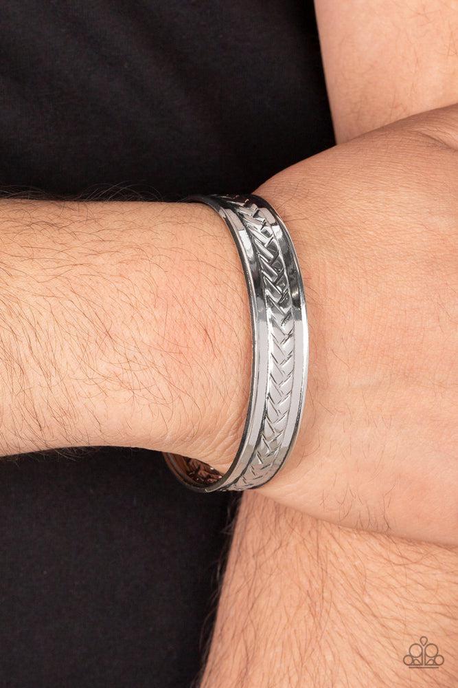 Hot On The TRAILBLAZER Men's Silver Cuff Bracelet - Paparazzi Accessories- on model - CarasShop.com - Paparazzi Jewelry by Cara Jewels