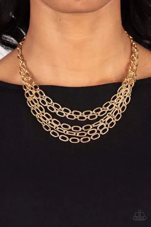 House of CHAIN Gold Necklace - Paparazzi Accessories- on model - CarasShop.com - Paparazzi Jewelry by Cara Jewels