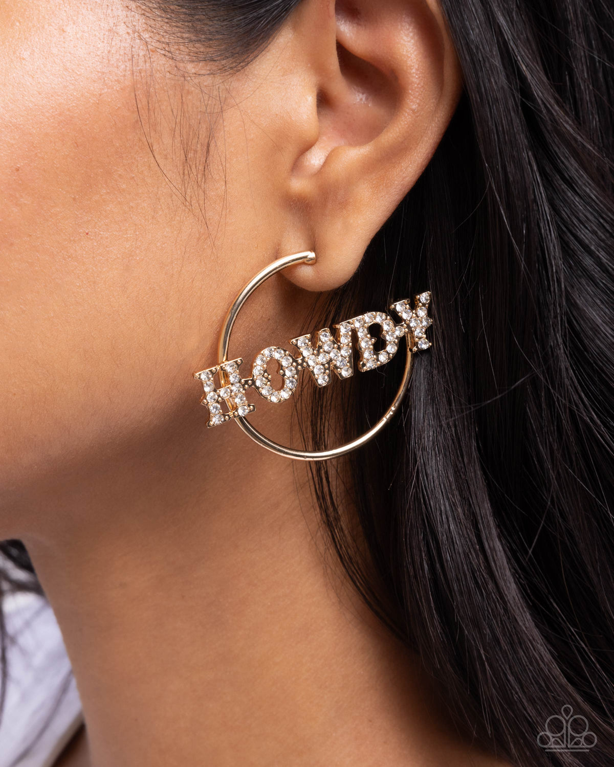 Howdy Hoedown Gold & White Rhinestone Hoop Earrings - Paparazzi Accessories- on model - CarasShop.com - Paparazzi Jewelry by Cara Jewels