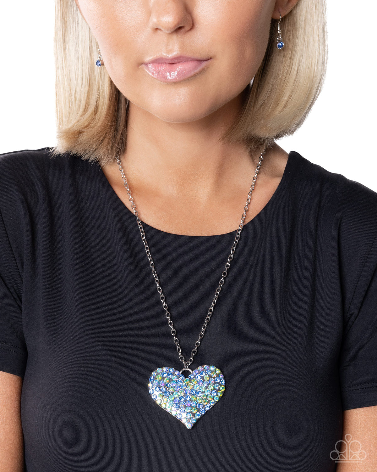Huge Heart Blue Iridescent Rhinestone Necklace - Paparazzi Accessories-on model - CarasShop.com - Paparazzi Jewelry by Cara Jewels