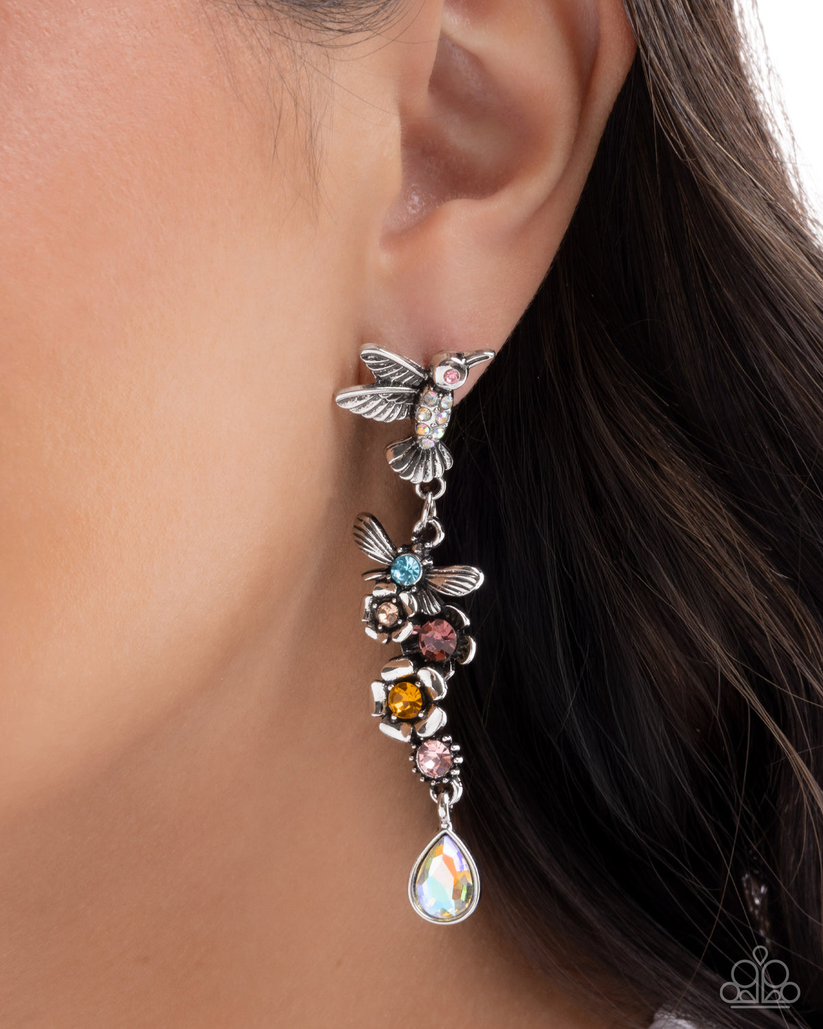 Hummingbird Hallmark Multi Rhinestone Earrings - Paparazzi Accessories-on model - CarasShop.com - Paparazzi Jewelry by Cara Jewels
