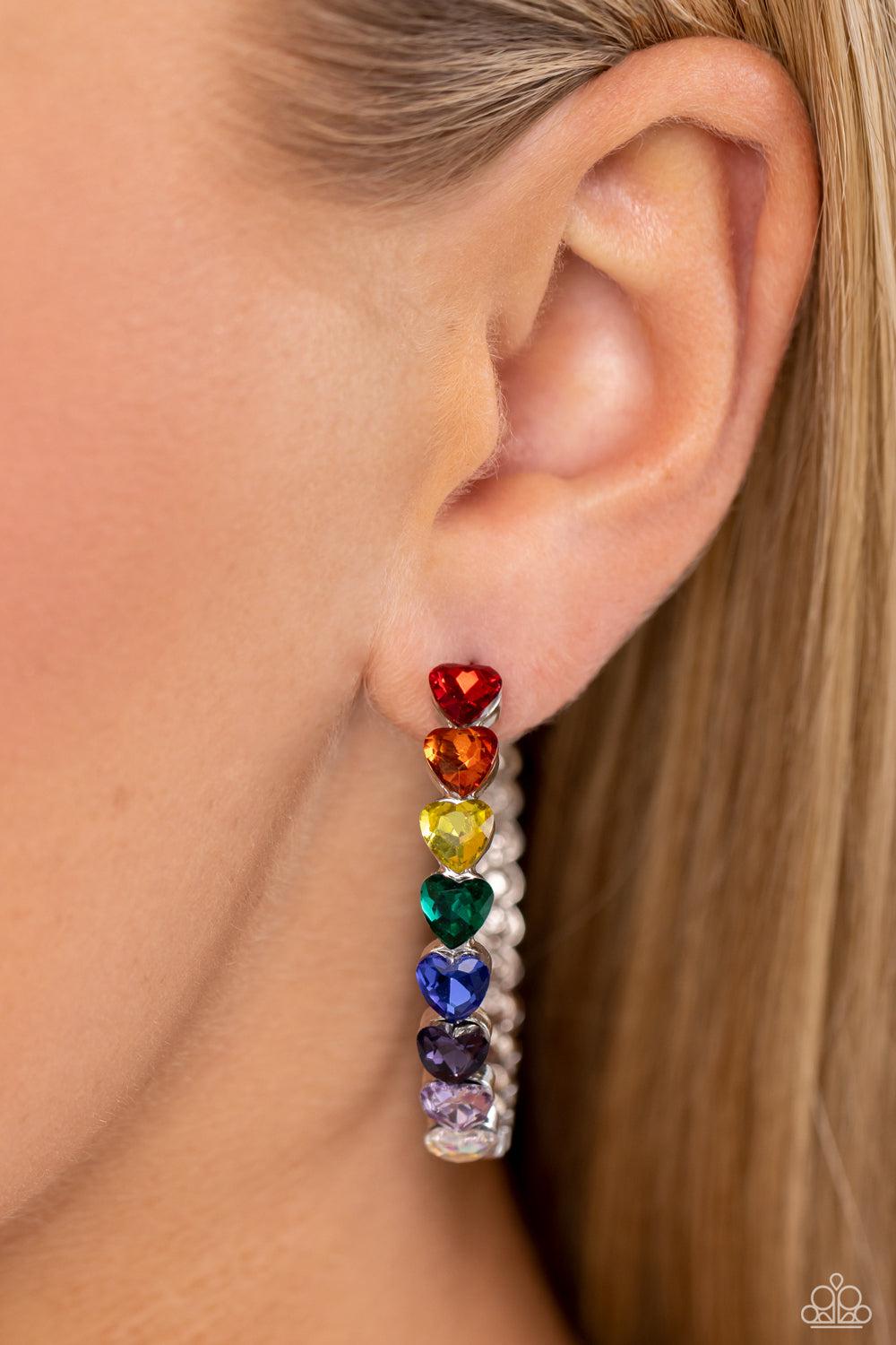 Hypnotic Heart Attack Multi Red-Blue Heart Hoop Earrings - Paparazzi Accessories- on model - CarasShop.com - Paparazzi Jewelry by Cara Jewels