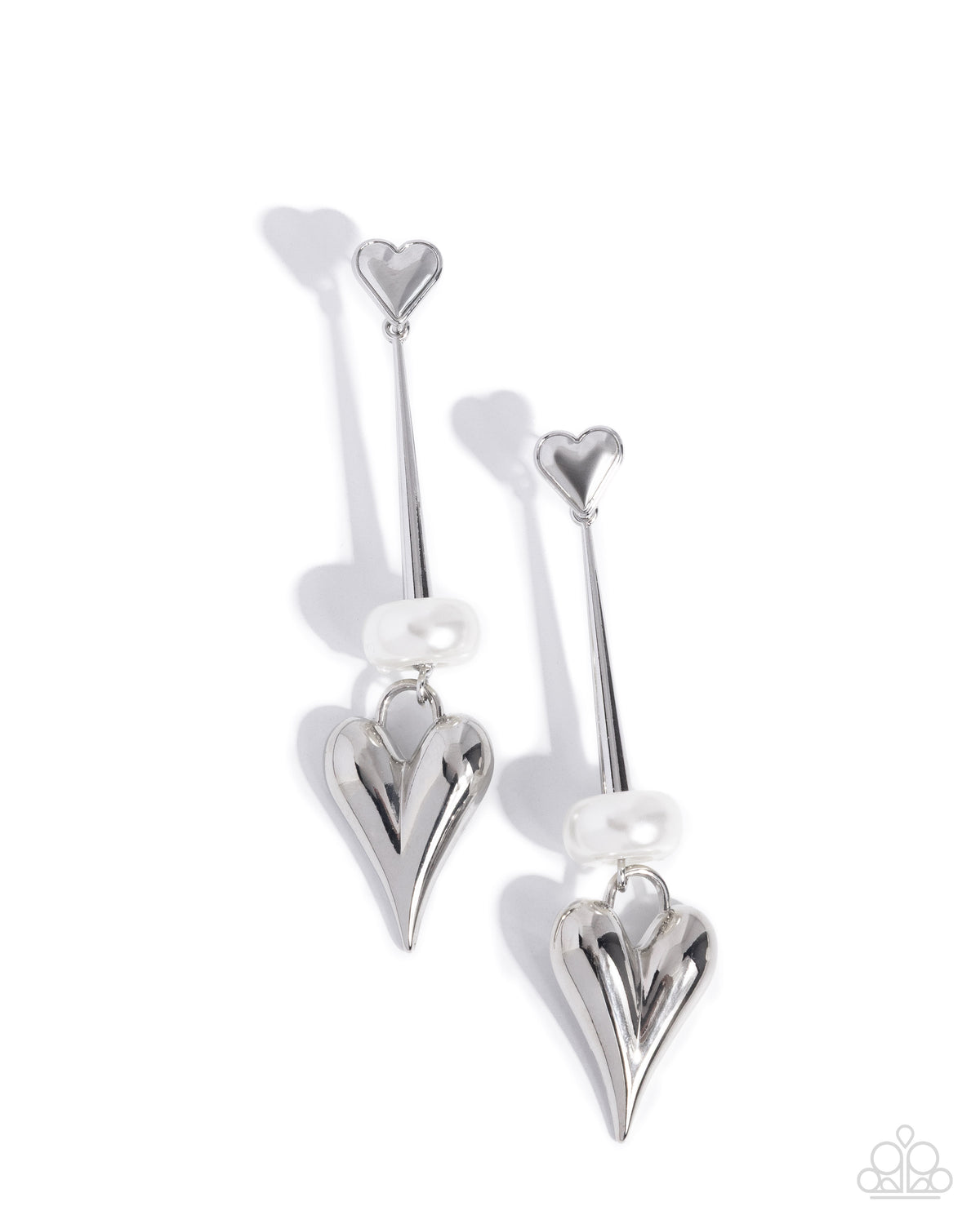 I Feel Loved White Pearl & Silver Heart Earrings - Paparazzi Accessories- lightbox - CarasShop.com - Paparazzi Jewelry by Cara Jewels