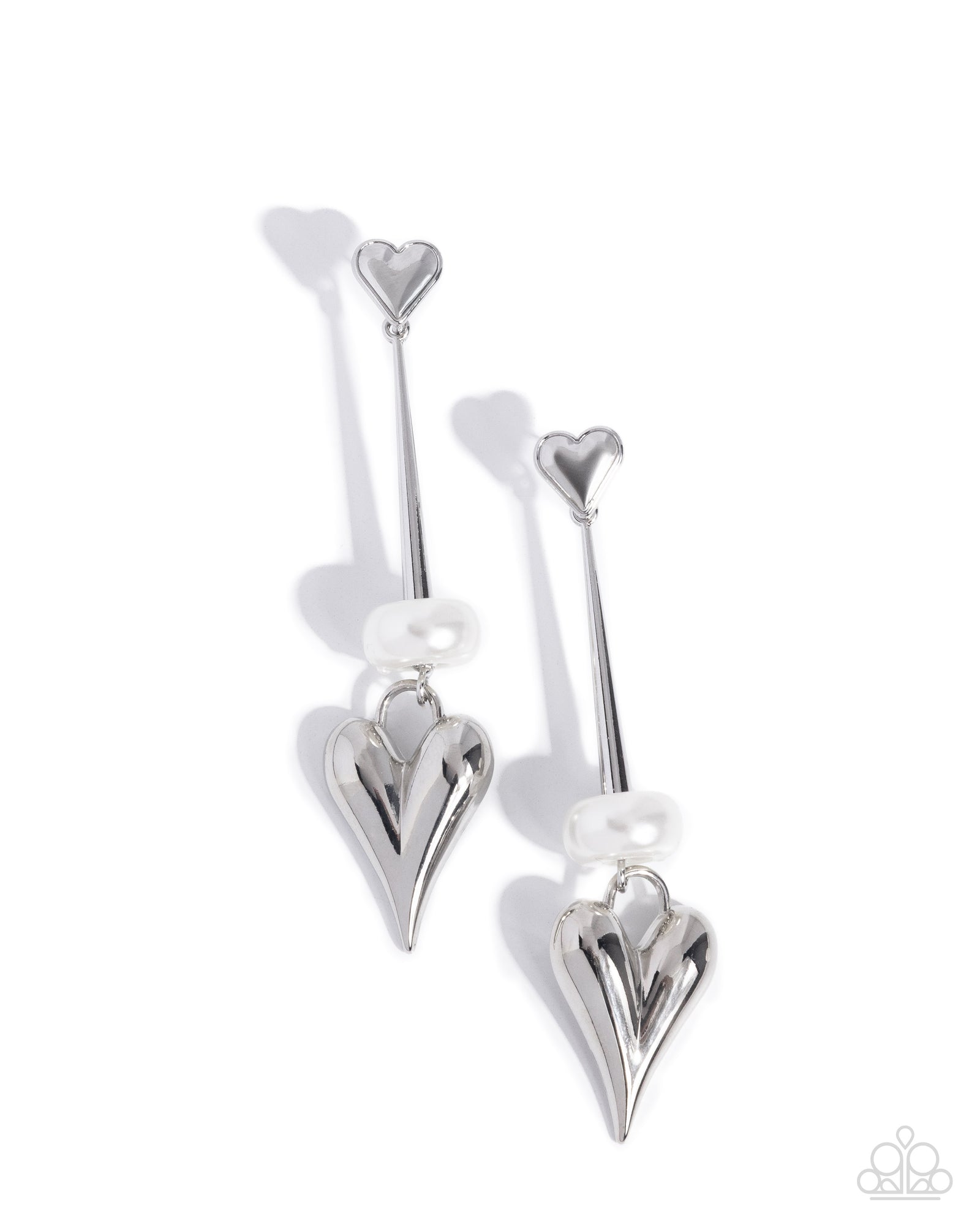 I Feel Loved White Pearl & Silver Heart Earrings - Paparazzi Accessories- lightbox - CarasShop.com - Paparazzi Jewelry by Cara Jewels