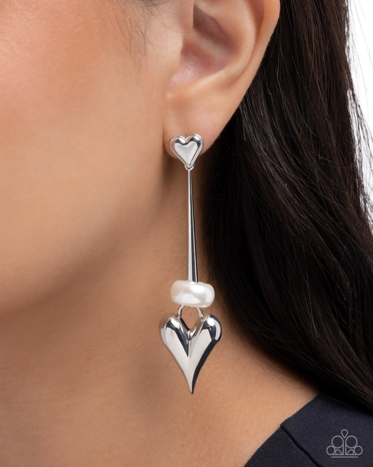 I Feel Loved White Pearl & Silver Heart Earrings - Paparazzi Accessories-on model - CarasShop.com - Paparazzi Jewelry by Cara Jewels