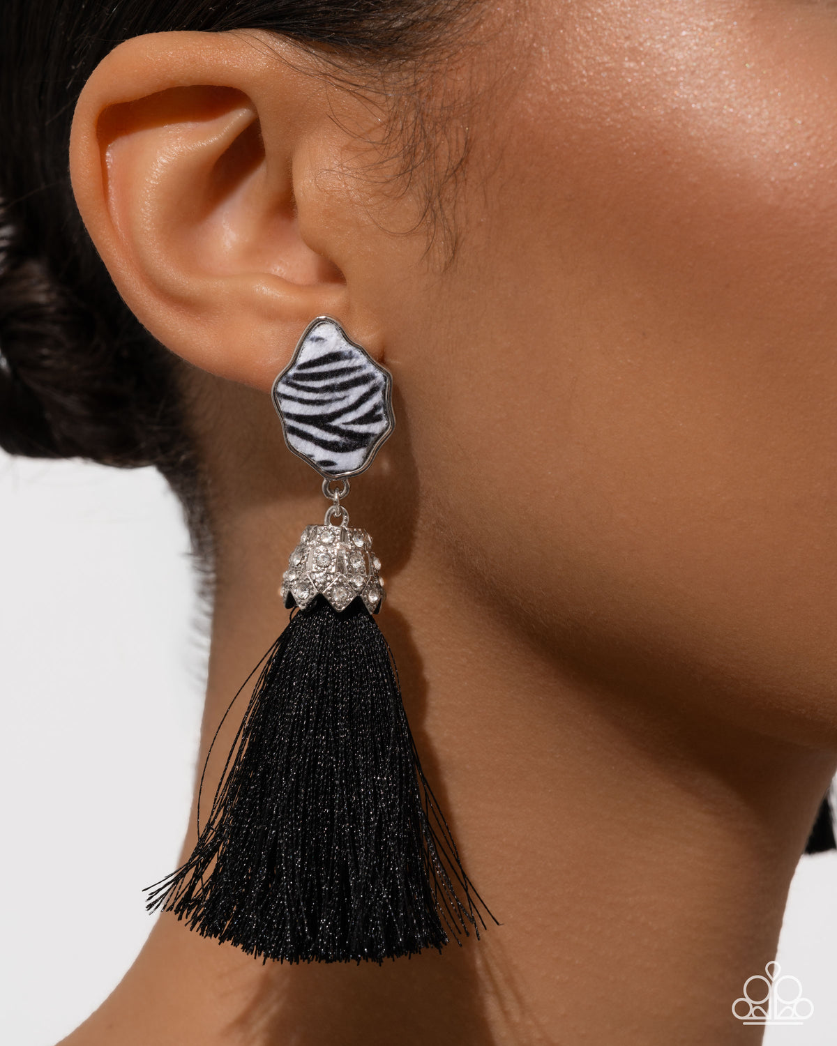 Iconic Zebra Black Post Tassel Earrings - Paparazzi Accessories-on model - CarasShop.com - Paparazzi Jewelry by Cara Jewels