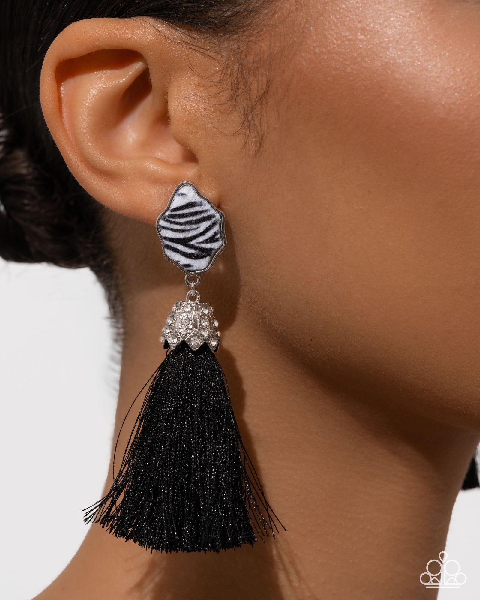 Iconic Zebra Black Post Tassel Earrings - Paparazzi Accessories- lightbox - CarasShop.com - Paparazzi Jewelry by Cara Jewels